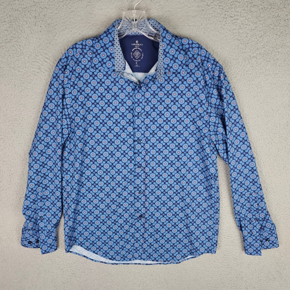 Con.Struct Button Down Mens M Blue Slim Fit Floral 4-Way Stretch Wicking Shirt